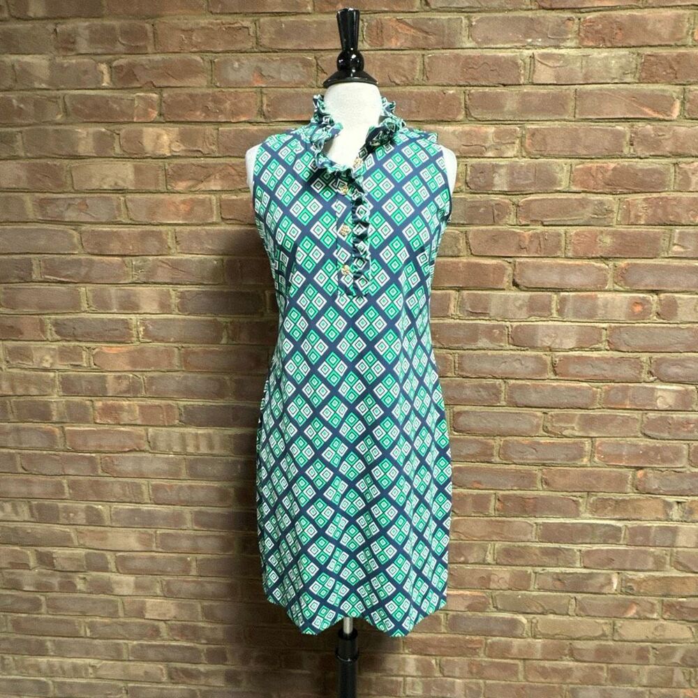 Katherine Way Women’s Navy & Green Ruffle Neck Sleeveless Dress Sz M